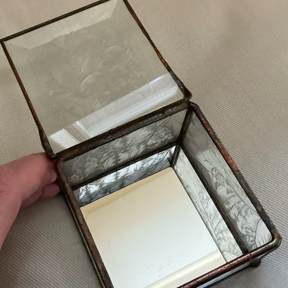 Vintage Etched Glass Trinket Box Curio Jewelry 3” Square Hinged